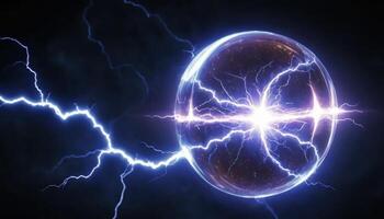 Electric Sphere with Lightning Discharges and Radiating Energy in Dark Background for Science and Technology Concepts photo