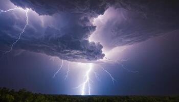 Dramatic Thunderstorm with Lightning Strikes Illuminating Dark Clouds Overhead at Dusk in a Natural Landscape photo