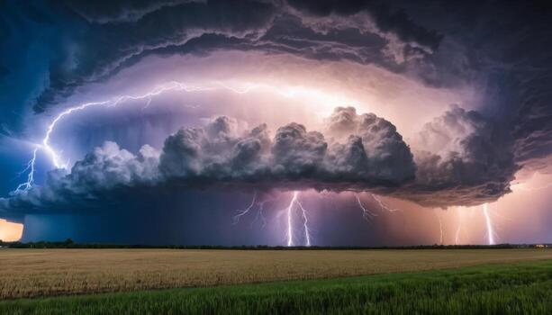 Dramatic Thunderstorm with Lightning Strikes Over Open Field Capturing Nature's Raw Power and Beauty in the Sky photo