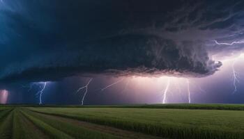 Dramatic Thunderstorm with Lightning Strikes over Green Fields under Dark Stormy Sky photo