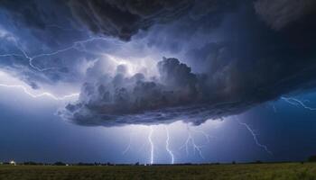 Dramatic Thunderstorm with Lightning Bolts Illuminating Dark Clouds in a Vast Open Landscape photo
