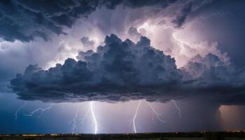 Dramatic Storm Clouds with Lightning Strikes Illuminating Night Sky Over a Landscape in Dark Thunderstorm Atmosphere photo
