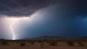 Dramatic Lightning Strikes Over Desert Landscape with Dark Storm Clouds and Vibrant Blue Sky in the Background photo