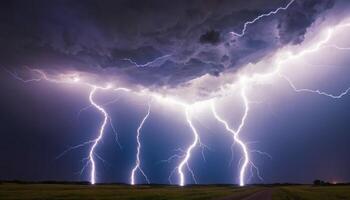 Dramatic Lightning Strikes Illuminating Dark Storm Clouds Over Open Fields in a Scenic Landscape photo