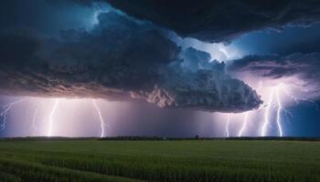 Dramatic Thunderstorm with Lightning Striking Over Lush Green Fields and Dark Storm Clouds in the Background photo