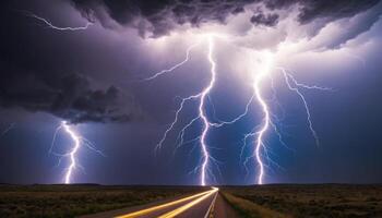 Dramatic Lightning Strikes Above a Desolate Road Under Dark Storm Clouds at Twilight photo