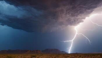 Dramatic Lightning Strikes Under Dark Stormy Clouds Over Desert Landscape at Dusk photo