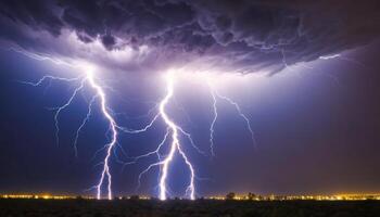 Dramatic Lightning Strikes Illuminating Dark Storm Clouds Over a Distant Cityscape at Night photo