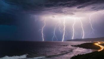 Dramatic Lightning Strikes Over Ocean Shoreline During Intense Storm at Night Revealing Dark Clouds and Distant Coastline photo