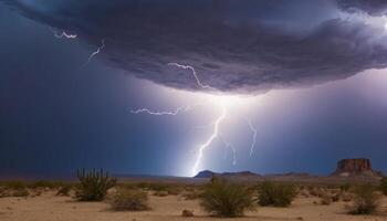 Dramatic Lightning Strikes Over Arid Desert Landscape Under Dark Cloudy Sky at Dusk photo