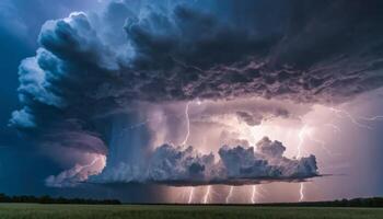 Dramatic Lightning Strikes Under Dark Thunderstorm Clouds in Open Field Landscape photo