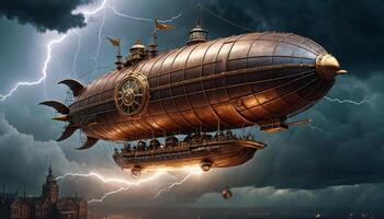 Majestic Steampunk Airship Sailing Through Stormy Skies with Lightning and Dark Clouds, a Fusion of Fantasy and Adventure photo