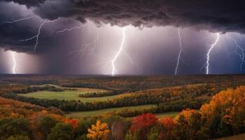 Dramatic Thunderstorm Over Colorful Autumn Landscape with Lightning Strikes and Dark Clouds in the Sky photo