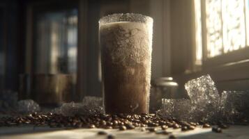 Frosty Beverage in Transparent Glass with Ice, Coffee Beans and Soft Light on Wooden Table, Delightful Refreshment Scene photo
