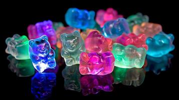 Colorful gummy bear candies arranged artfully on a reflective surface showcasing vibrant hues and playful shapes photo