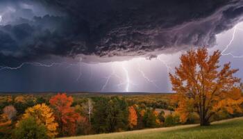 Dramatic Storm Clouds Gather Over Vibrant Autumn Landscape with Lightning Striking Across the Darkened Sky photo