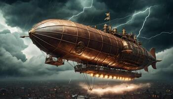 Vintage steampunk airship flying through ominous clouds with lightning striking in the dramatic night sky over a cityscape photo