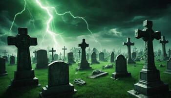 Eerie Graveyard Under Dark Thunderclouds and Lightning Strikes, Eerie Atmosphere with Shadows and Full Moon Glow photo