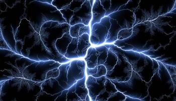 Dynamic Electric Arc with Bright Blue Lightning Striking Against Dark Background in Abstract Art Representation photo