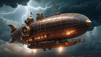 Majestic Steampunk Airship Flying Through Dramatic Thunderstorm Clouds with Lightning Striking the City Below photo