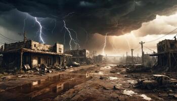 Dramatic Post-Apocalyptic Scene with Dark Skies, Lightning Strikes, Abandoned Buildings, and Flooded Streets photo
