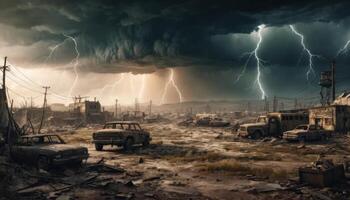 Dramatic Storm Over Abandoned Town with Lightning Strikes and Desolate Landscape photo