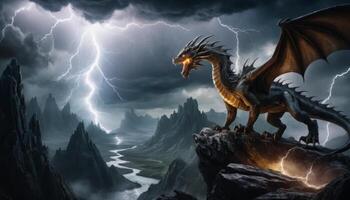 Majestic dragon perched on rocky cliff amidst stormy mountains and lightning, evoking a sense of ancient mythology and fantasy photo