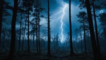 Striking lightning illuminates dark forest landscape at night under ominous storm clouds and shadows of tall trees photo