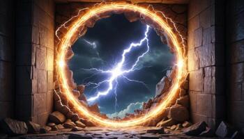 Enchanted Portal with Lightning Bolts Surrounded by Ancient Stone Walls in a Dark Fantasy Setting photo