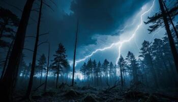 Dramatic Storm with Lightning Striking in Dark Forest Under Ominous Clouds at Night photo