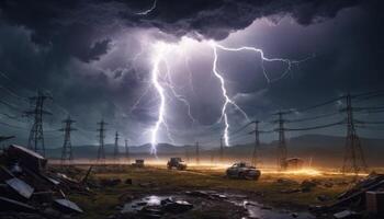 Dramatic Thunderstorm with Lightning Striking Power Lines in a Rural Landscape Under Dark Stormy Clouds photo