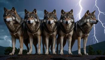 Majestic wolves standing together under a stormy sky with lightning in the background, radiating power and unity photo