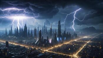Dramatic Storm Over Futuristic City with Lightning Strikes and Dark Clouds in a Captivating Night Scene photo