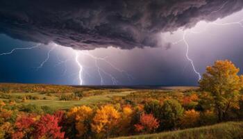 Dramatic Lightning Strikes Over Colorful Autumn Landscape with Dark Storm Clouds and Vibrant Fall Foliage photo