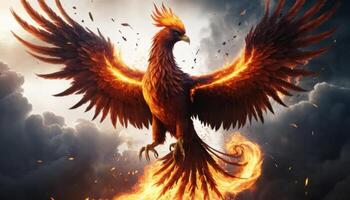 Majestic Phoenix Rising from Flames with Vivid Fire and Dramatic Clouds in Background Conveying Hope and Rebirth photo