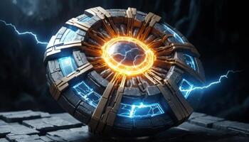 Futuristic Energy Sphere with Electric Sparks and Metallic Texture Surrounded by Dark Environment photo
