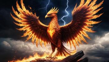 Majestic Fire Phoenix with Fiery Wings Understormy Sky and Lightning in Dramatic Fantasy Setting photo