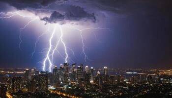 Dramatic Lightning Strikes Over City Skyline at Night with Dark Clouds and Bright Illuminations photo