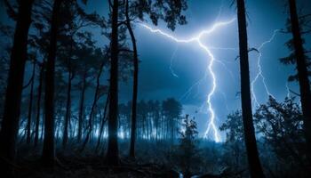 Dramatic Thunderstorm in Forest with Vivid Lightning Striking through Dark Clouds and Tall Silhouetted Trees photo