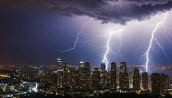 Dramatic Night Sky with Lightning Striking Over Urban Skyline and Dark Clouds Illuminated by Stormy Weather photo