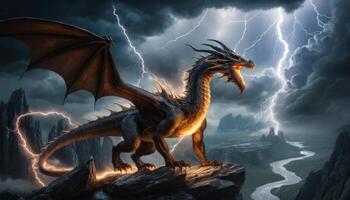 Majestic dragon perched on rocky cliff during a storm with lightning striking and dark clouds gathering in the sky photo