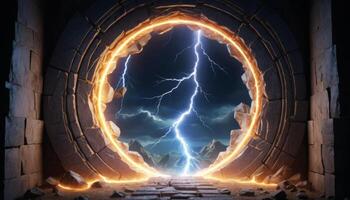 Majestic Portal with Lightning and Mountains, Evoking Mystery and Adventure in a Fantasy Landscape photo