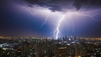 Dramatic Lightning Strikes Over Urban Skyline in Night Sky with Dark Storm Clouds and Illuminated Cityscape Below photo