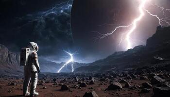 Astronaut gazing at a stormy alien landscape with lightning and dark clouds in a distant planet scene photo