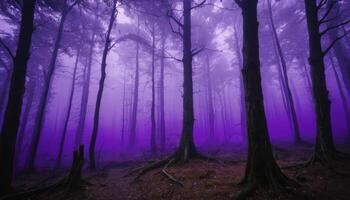 Mysterious Purple Forest with Tall Trees in Ethereal Fog Creating a Dreamlike and Enigmatic Atmosphere photo
