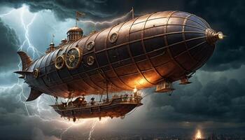 Majestic Victorian Steampunk Airship Navigating Stormy Skies with Lightning and Dramatic Clouds in a Fantasy Landscape photo