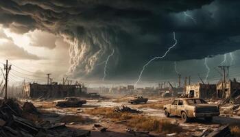 Dramatic landscape of an apocalyptic scene featuring dark storm clouds, lightning, abandoned cars, and a desolate urban environment photo