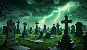 Eerie Graveyard Scene with Lightning Strikes in a Dark Atmosphere under Stormy Clouds at Night photo