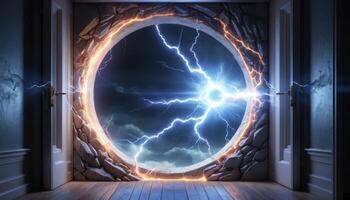 Mysterious portal with lightning and dramatic clouds in a 3D rendered room setting inviting adventure and imagination photo