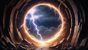 Dramatic Portal with Lightning and Stormy Sky Surrounded by Stone Architecture in Dark Atmosphere photo